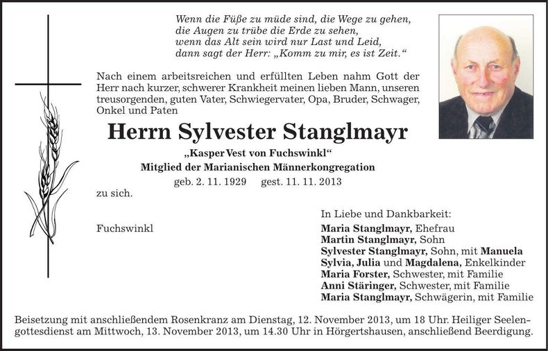 Traueranzeige Sylvester Stanglmayr