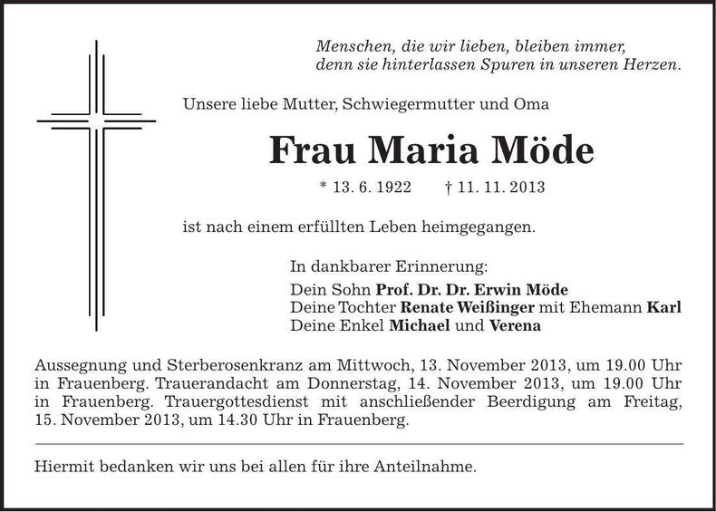 Traueranzeige Maria Möde