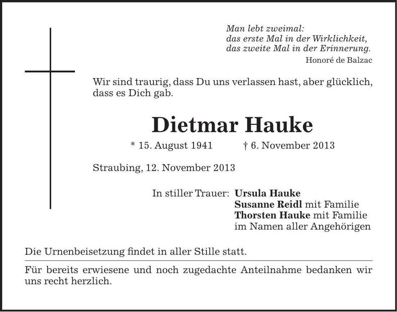 Traueranzeige Dietmar Hauke