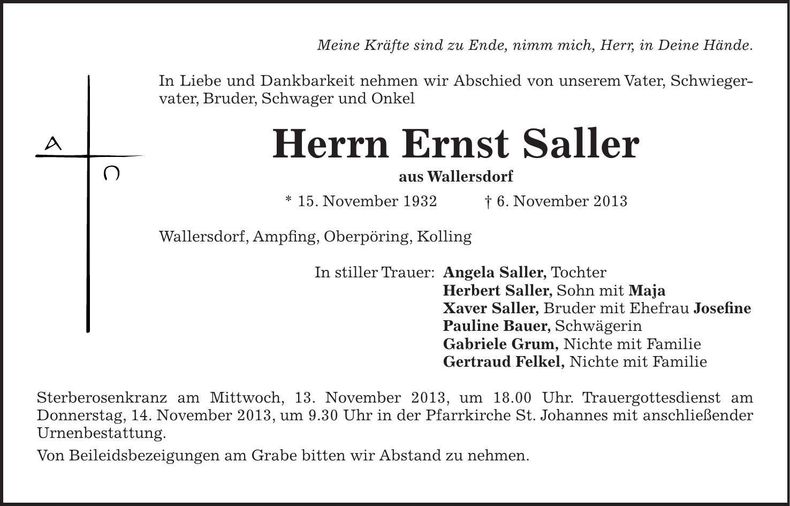 Traueranzeige Ernst Saller