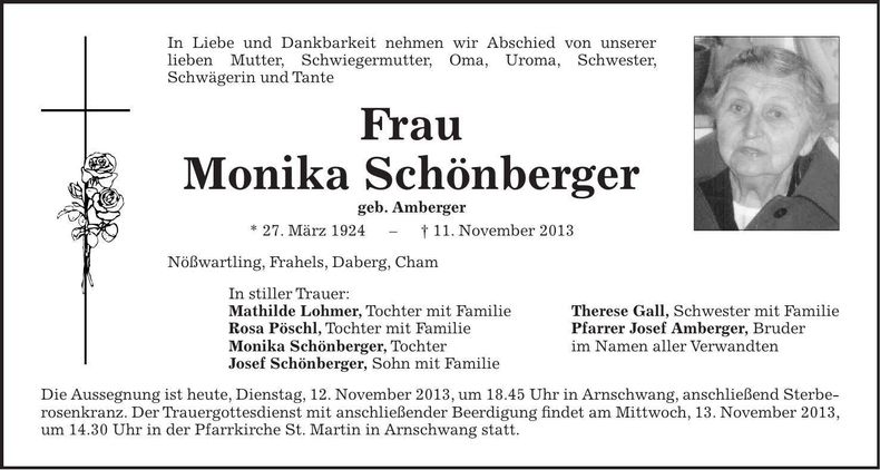 Traueranzeige Monika Schönberger