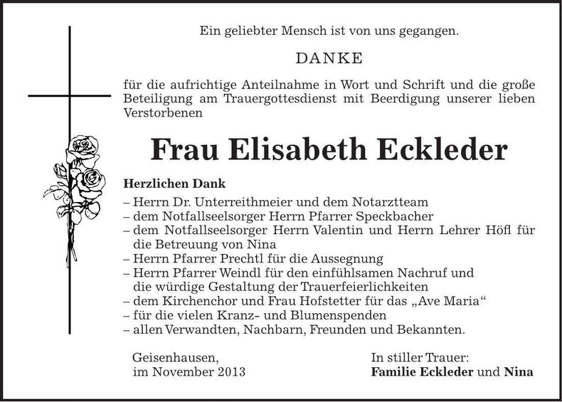 Traueranzeige Elisabeth Eckleder