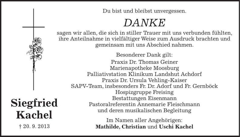 Traueranzeige Siegfried Kachel