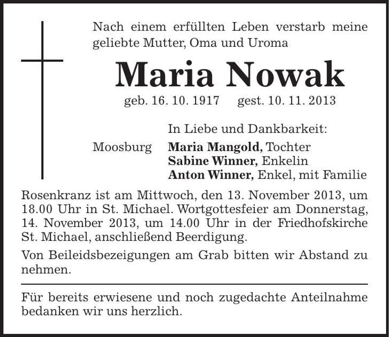 Traueranzeige Maria Nowak