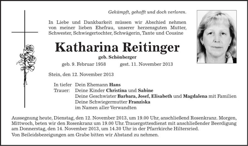 Traueranzeige Katharina Reitinger