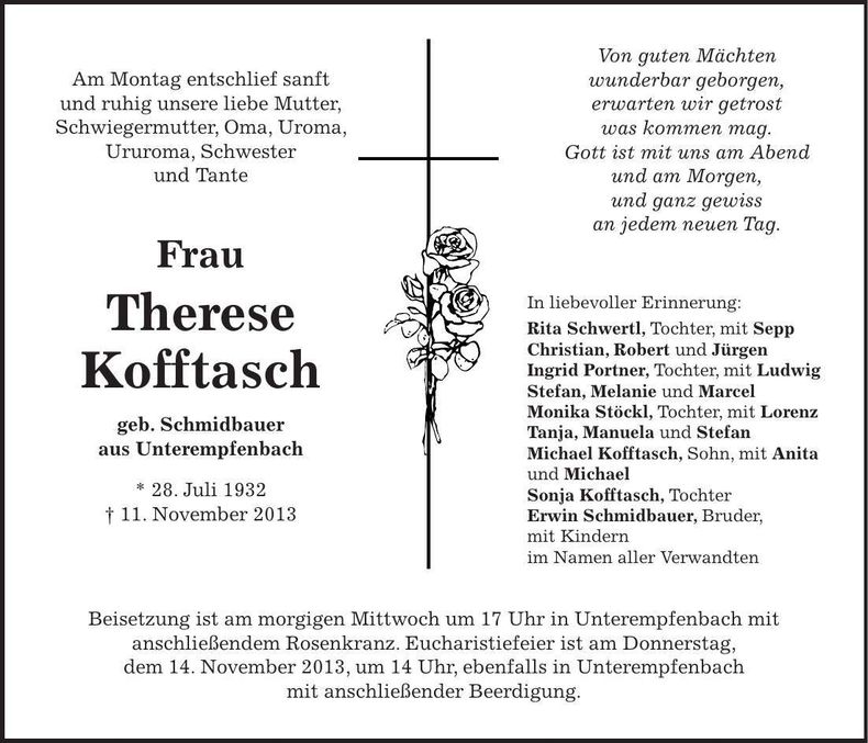 Traueranzeige Therese Kofftasch