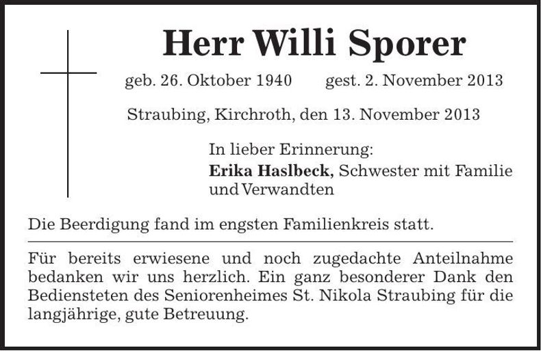 Traueranzeige Willi Sporer