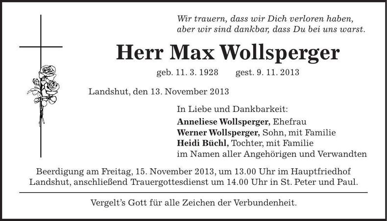 Traueranzeige Max Wollsperger