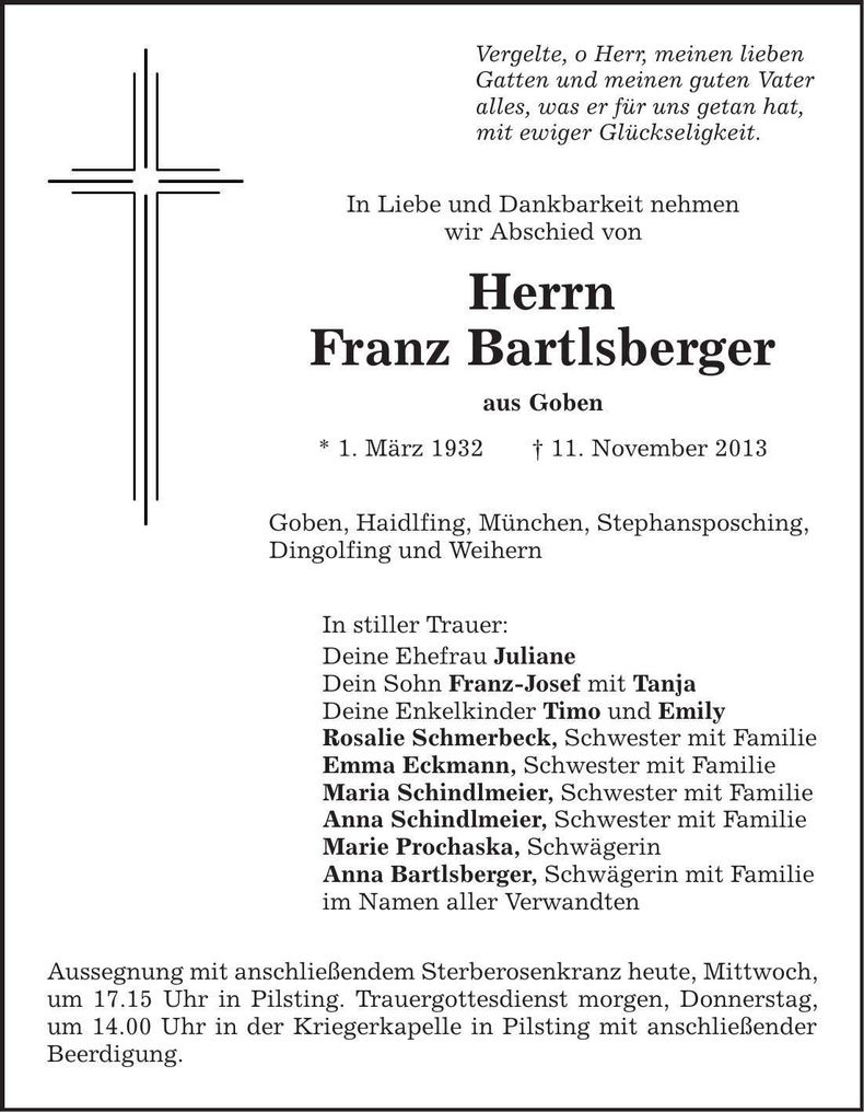 Traueranzeige Franz Bartlsberger