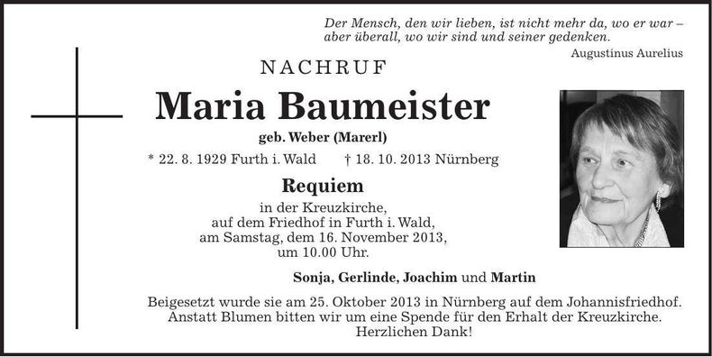 Traueranzeige Maria Baumeister