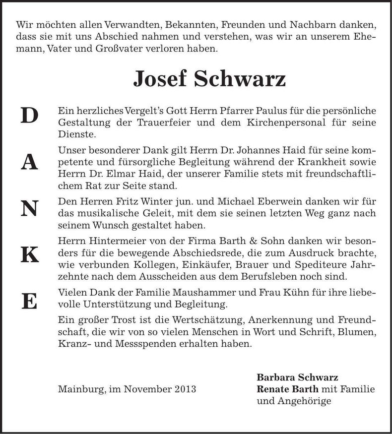 Traueranzeige Josef Schwarz