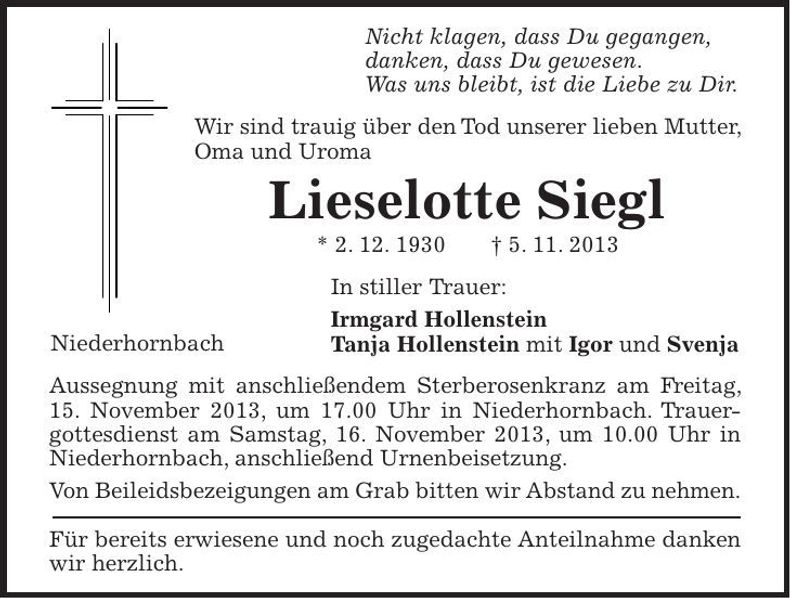 Traueranzeige Lieselotte Siegl