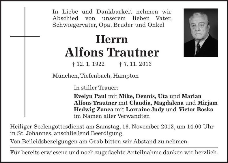 Traueranzeige Alfons Trautner