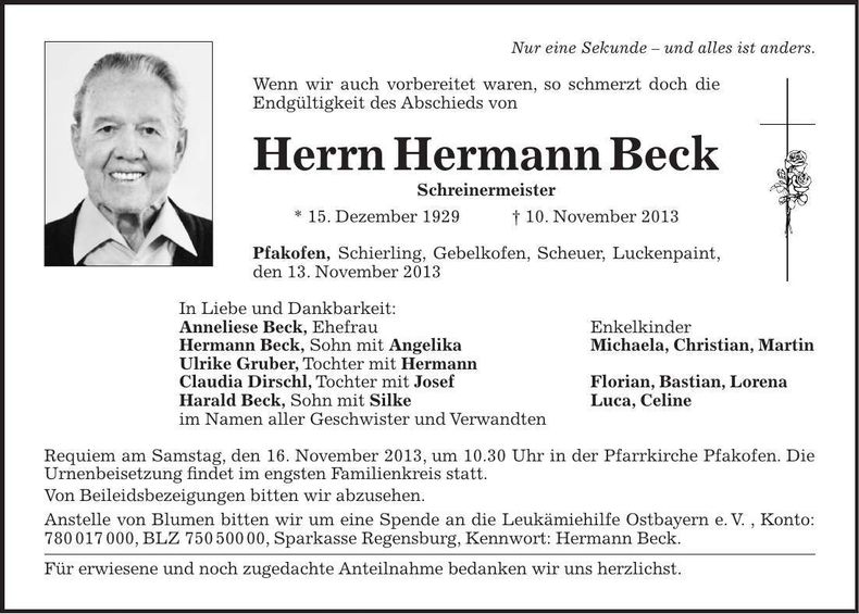Traueranzeige Hermann Beck