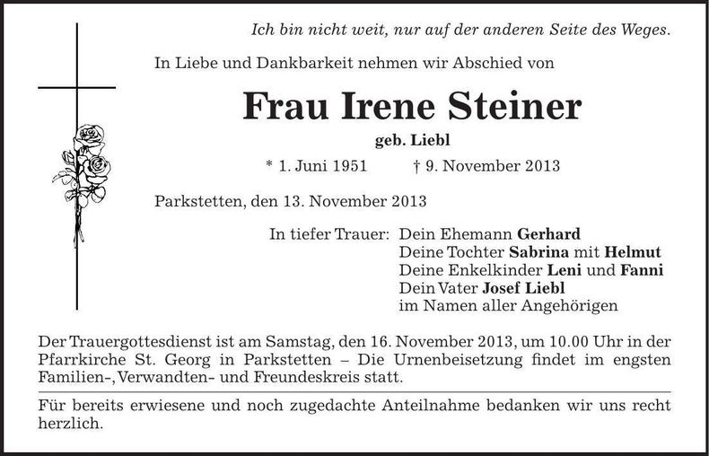 Traueranzeige Irene Steiner