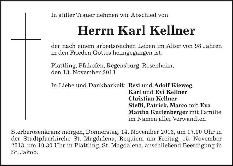 Traueranzeige Karl Kellner