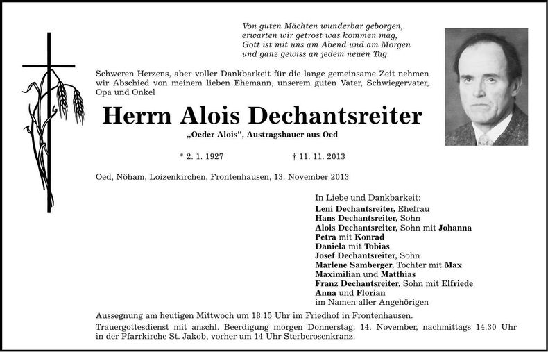 Traueranzeige Alois Dechantsreiter