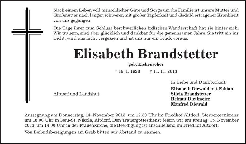 Traueranzeige Elisabeth Brandstetter