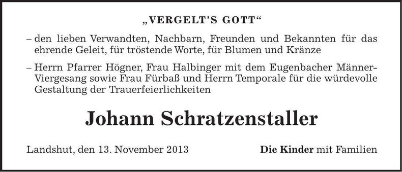 Traueranzeige Johann Schratzenstaller