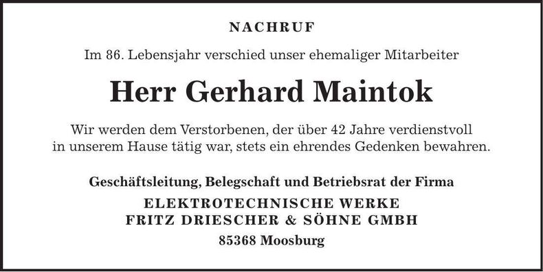 Traueranzeige Gerhard Maintok