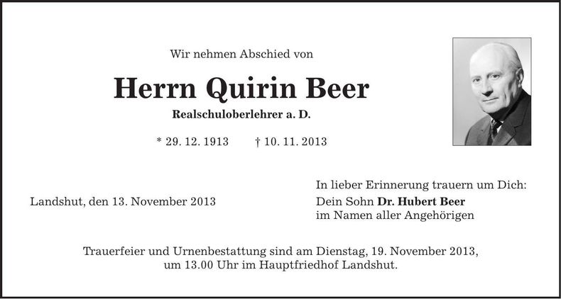Traueranzeige Quirin Beer
