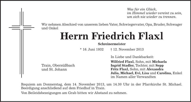 Traueranzeige Friedrich Flaxl