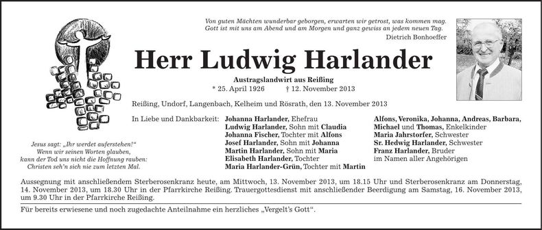 Traueranzeige Ludwig Harlander