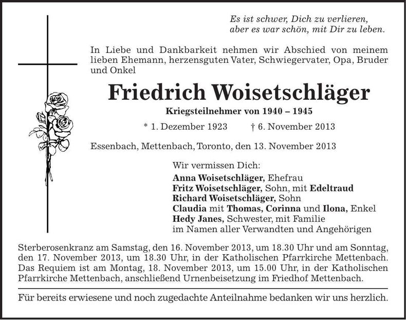Traueranzeige Friedrich Woisetschläger