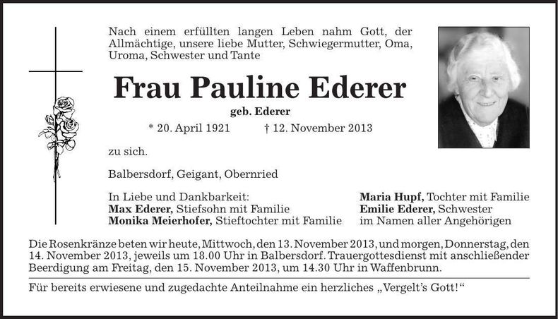 Traueranzeige Pauline Ederer