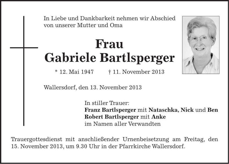 Traueranzeige Gabriele Bartlsperger