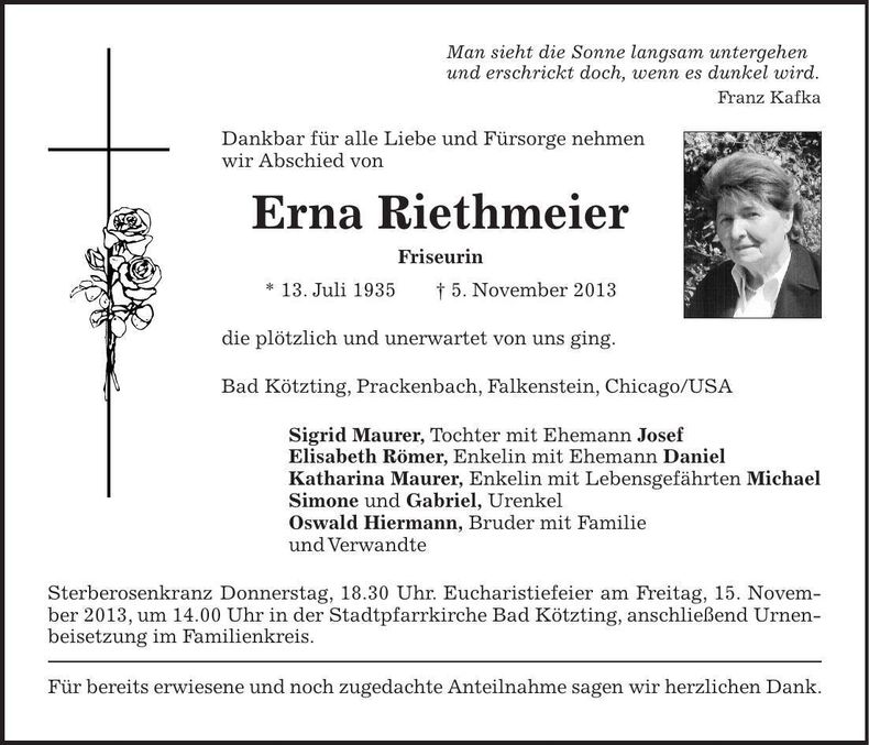 Traueranzeige Erna Riethmeier