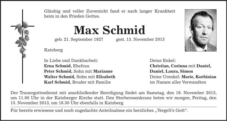 Traueranzeige Max Schmid