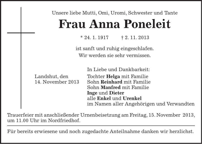 Traueranzeige Anna Poneleit