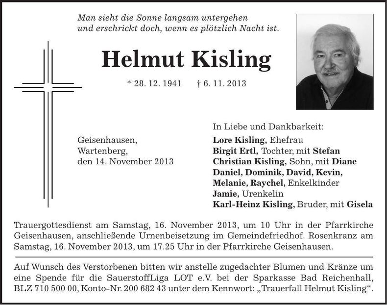 Traueranzeige Helmut Kisling