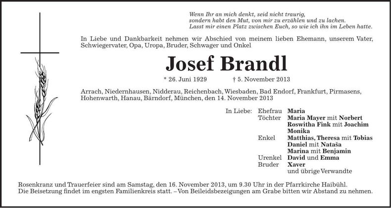 Traueranzeige Josef Brandl