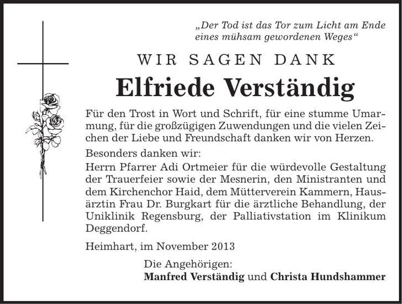 Traueranzeige Elfriede Verständig