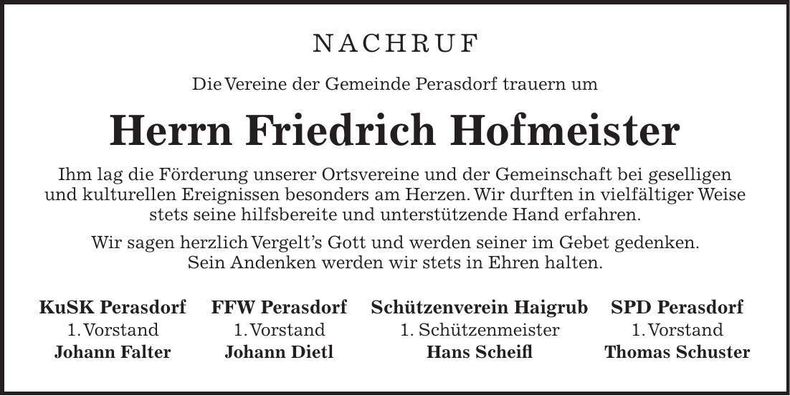 Traueranzeige Friedrich Hofmeister