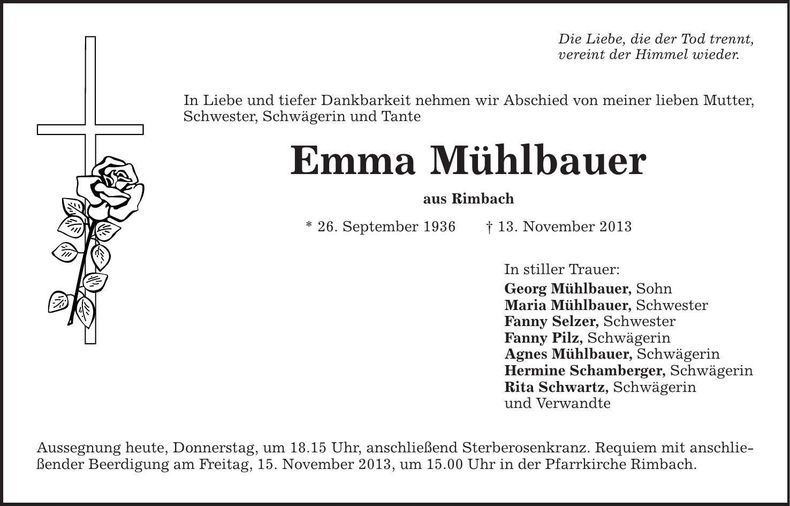 Traueranzeige Emma Mühlbauer