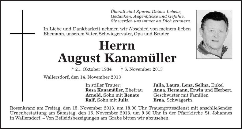 Traueranzeige August Kanamüller