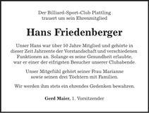 Traueranzeige Hans Friedberger