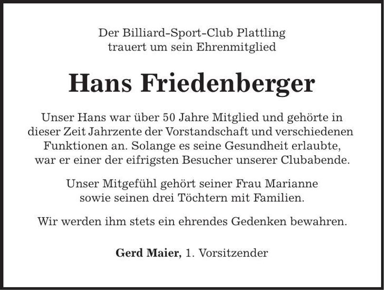 Traueranzeige Hans Friedberger