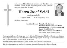 Traueranzeige Josef Seidl
