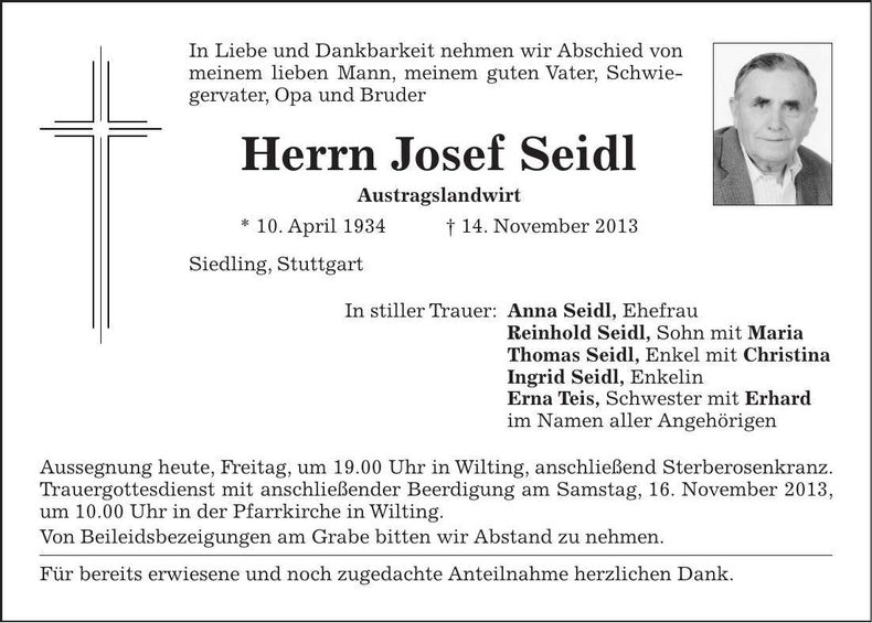 Traueranzeige Josef Seidl