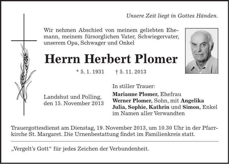 Traueranzeige Herbert Plomer