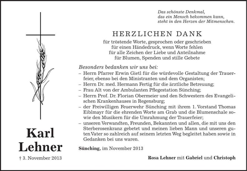 Traueranzeige Karl Lehner