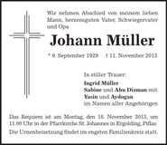 Traueranzeige Johann Müller