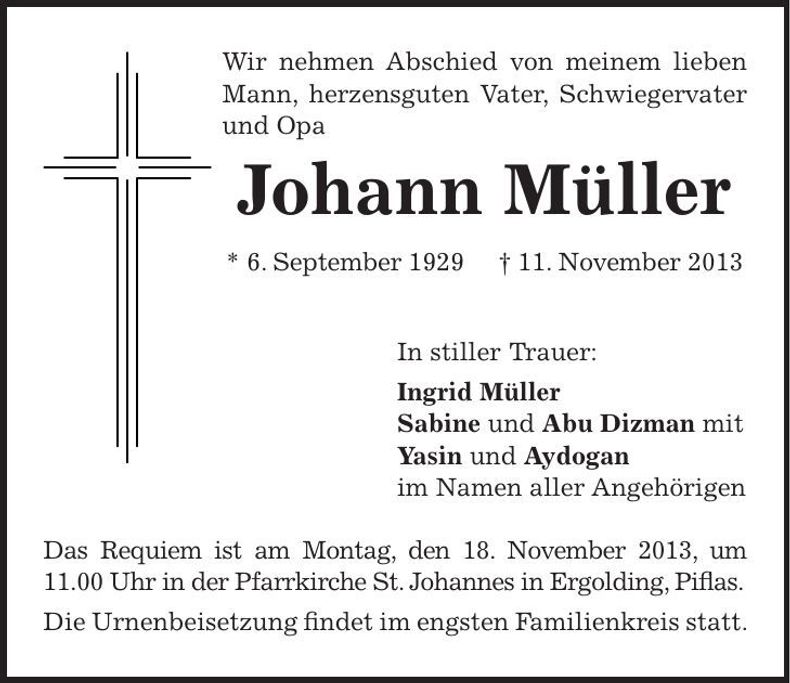 Traueranzeige Johann Müller