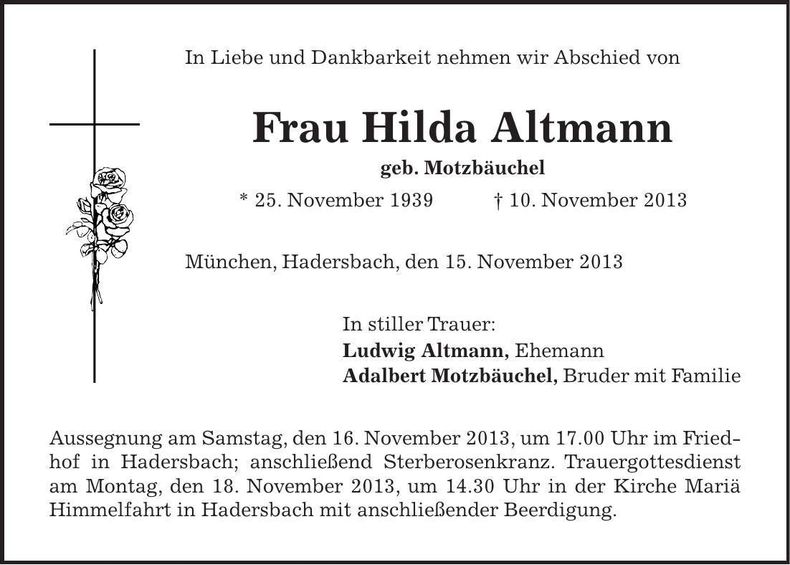 Traueranzeige Hilda Altmann