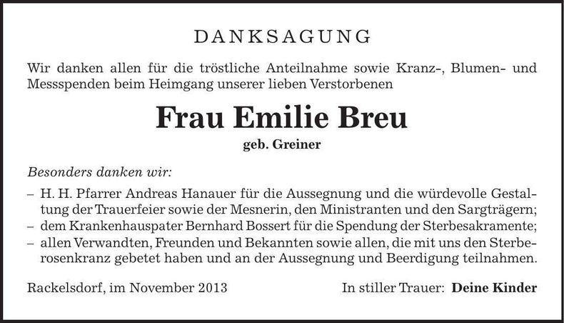 Traueranzeige Emilie Breu