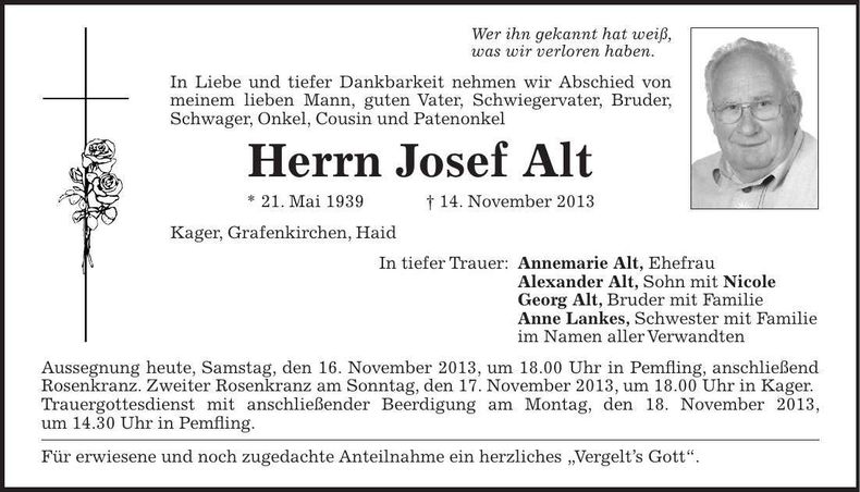 Traueranzeige Josef Alt